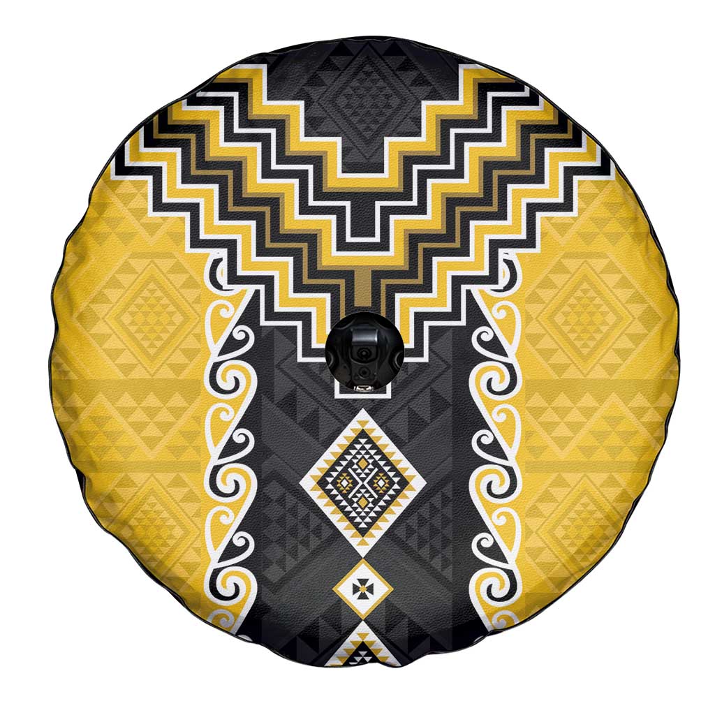Yellow Niho Taniwha Mix Poutama Spare Tire Cover Unique Taniko Aotearoa