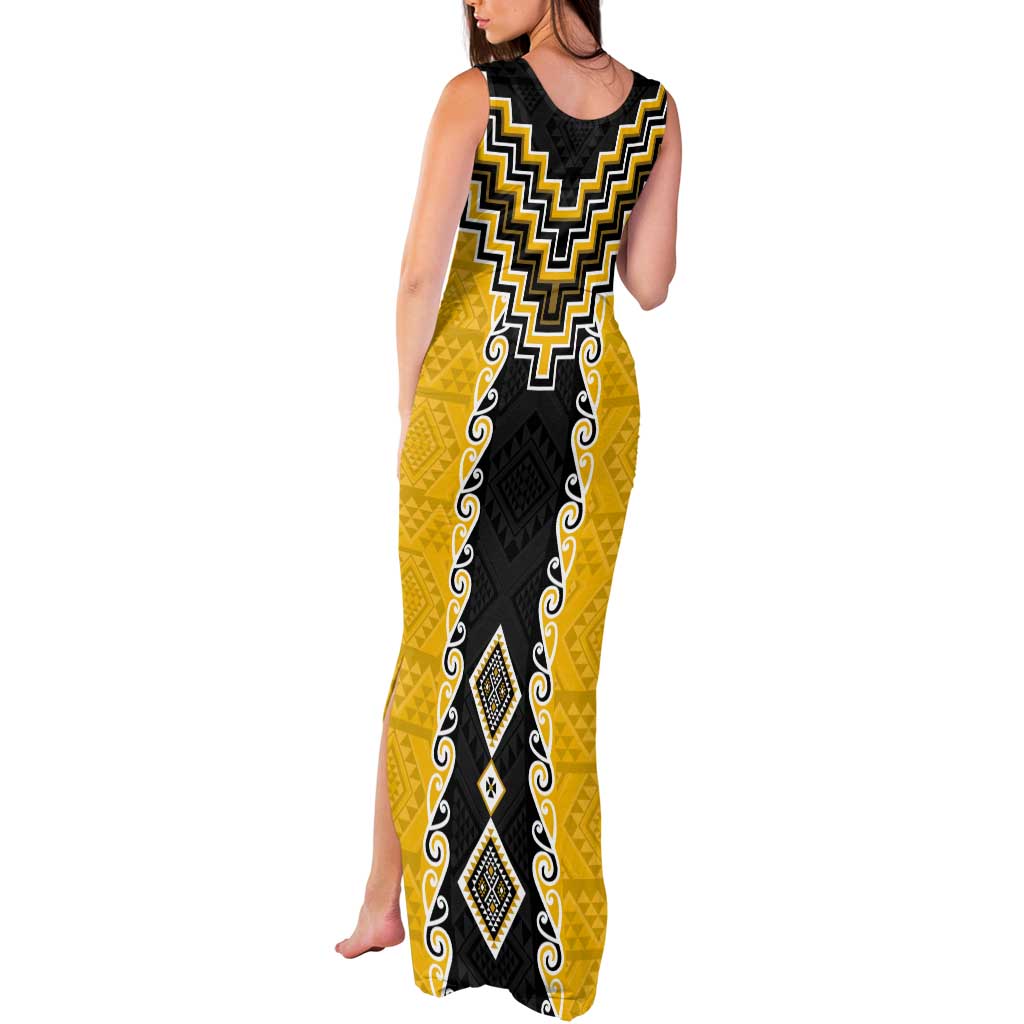 Yellow Niho Taniwha Mix Poutama Tank Maxi Dress Unique Taniko Aotearoa