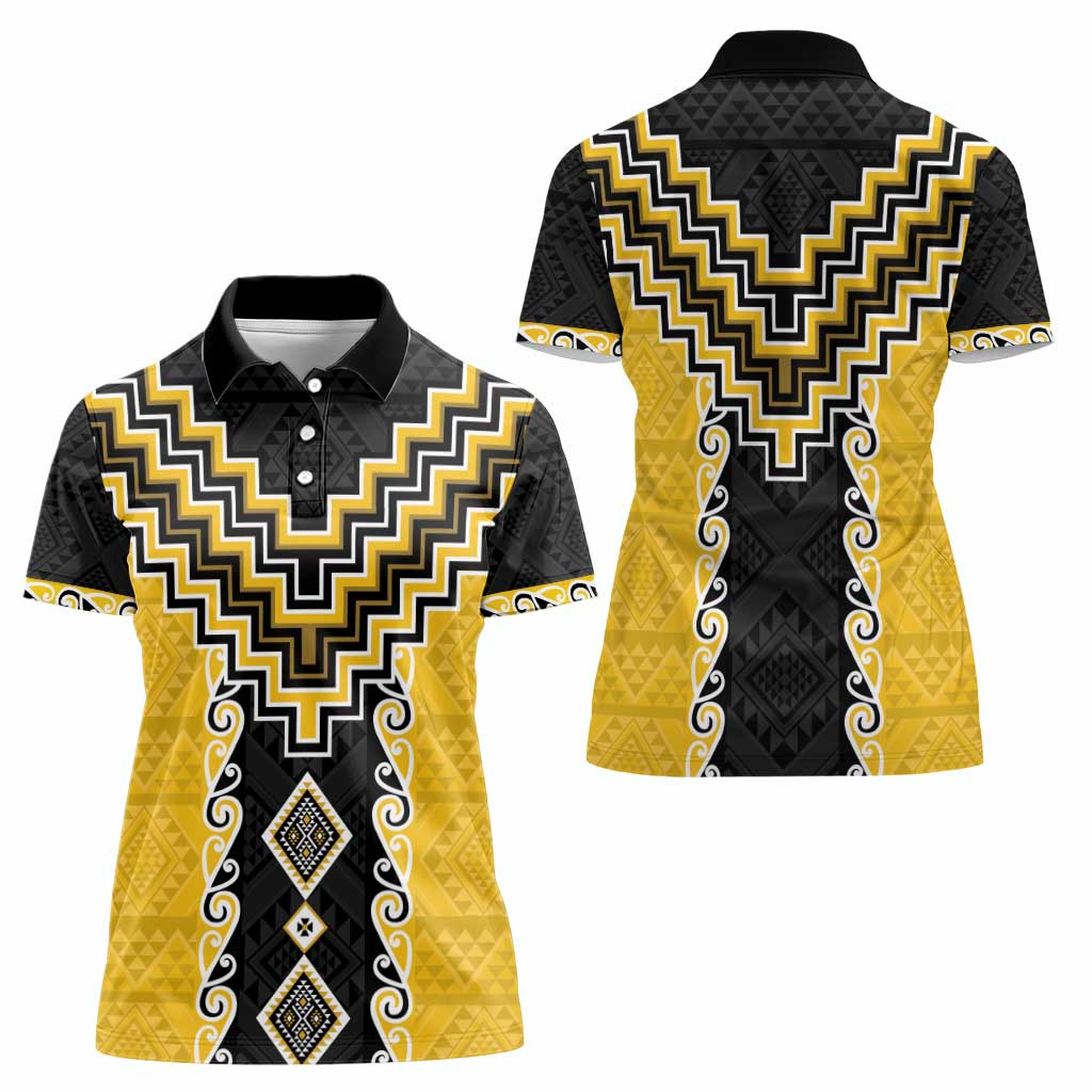 Yellow Niho Taniwha Mix Poutama Women Polo Shirt Unique Taniko Aotearoa