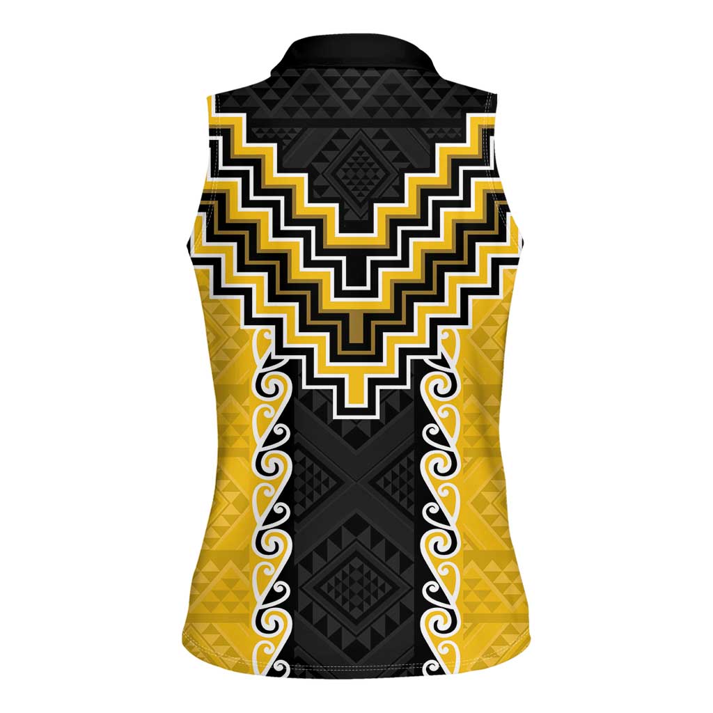 Yellow Niho Taniwha Mix Poutama Women Sleeveless Polo Shirt Unique Taniko Aotearoa LT01 - Polynesian Pride