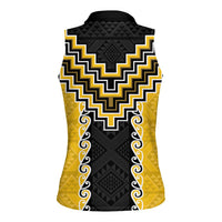 Yellow Niho Taniwha Mix Poutama Women Sleeveless Polo Shirt Unique Taniko Aotearoa LT01 - Polynesian Pride