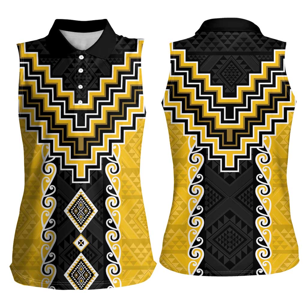 Yellow Niho Taniwha Mix Poutama Women Sleeveless Polo Shirt Unique Taniko Aotearoa LT01 - Polynesian Pride
