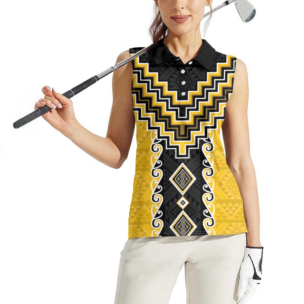Yellow Niho Taniwha Mix Poutama Women Sleeveless Polo Shirt Unique Taniko Aotearoa LT01 - Polynesian Pride
