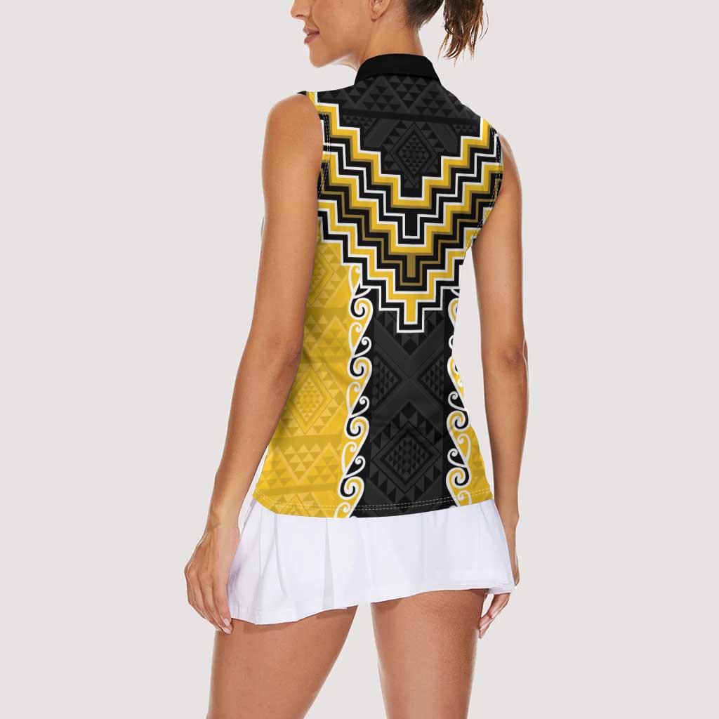 Yellow Niho Taniwha Mix Poutama Women Sleeveless Polo Shirt Unique Taniko Aotearoa LT01 - Polynesian Pride