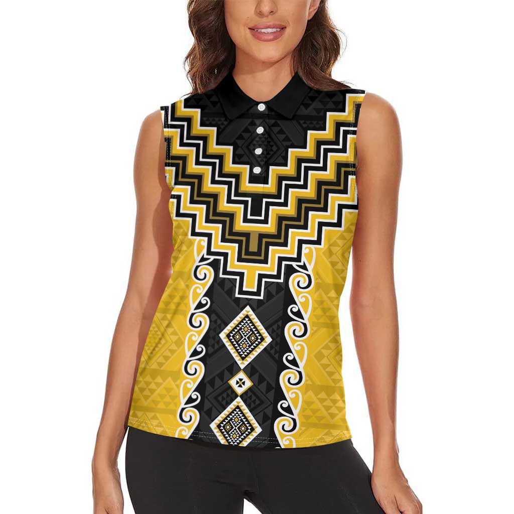 Yellow Niho Taniwha Mix Poutama Women Sleeveless Polo Shirt Unique Taniko Aotearoa LT01 - Polynesian Pride