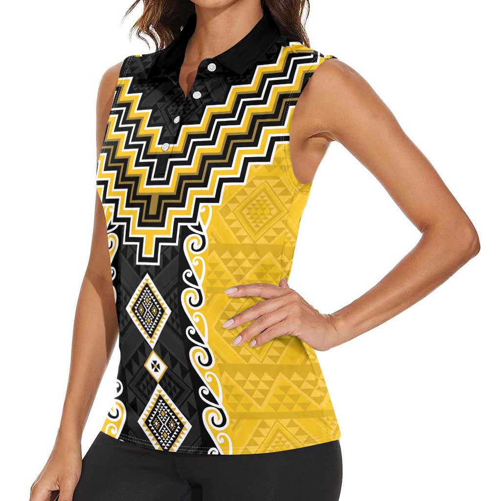 Yellow Niho Taniwha Mix Poutama Women Sleeveless Polo Shirt Unique Taniko Aotearoa LT01 - Polynesian Pride