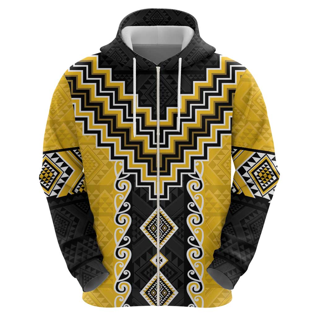Yellow Niho Taniwha Mix Poutama Zip Hoodie Unique Taniko Aotearoa