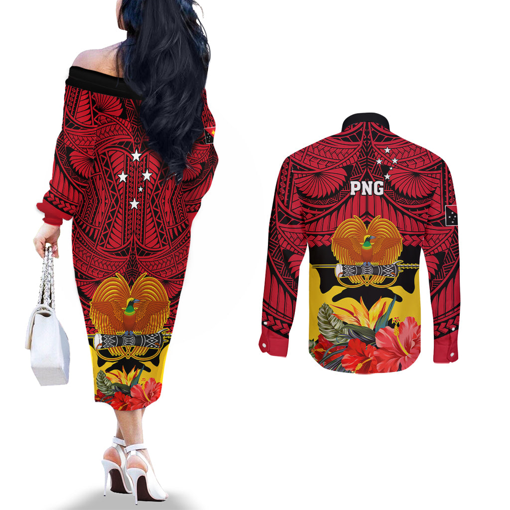 Papua New Guinea Couples Matching Off The Shoulder Long Sleeve Dress and Long Sleeve Button Shirts Bird Of Paradise Mix Polynesian Pattern LT01 - Polynesian Pride