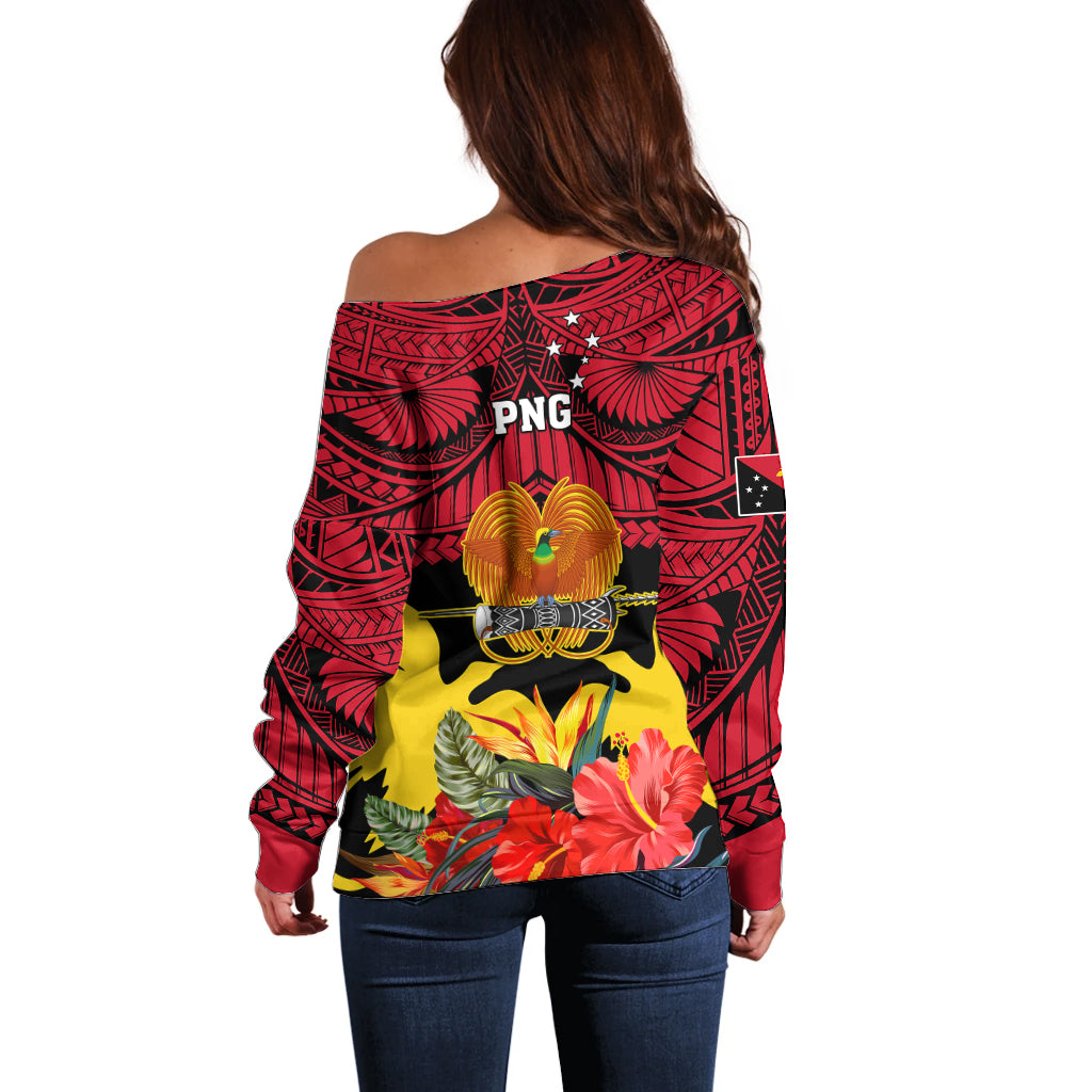 Papua New Guinea Off Shoulder Sweater Bird Of Paradise Mix Polynesian Pattern LT01 - Polynesian Pride