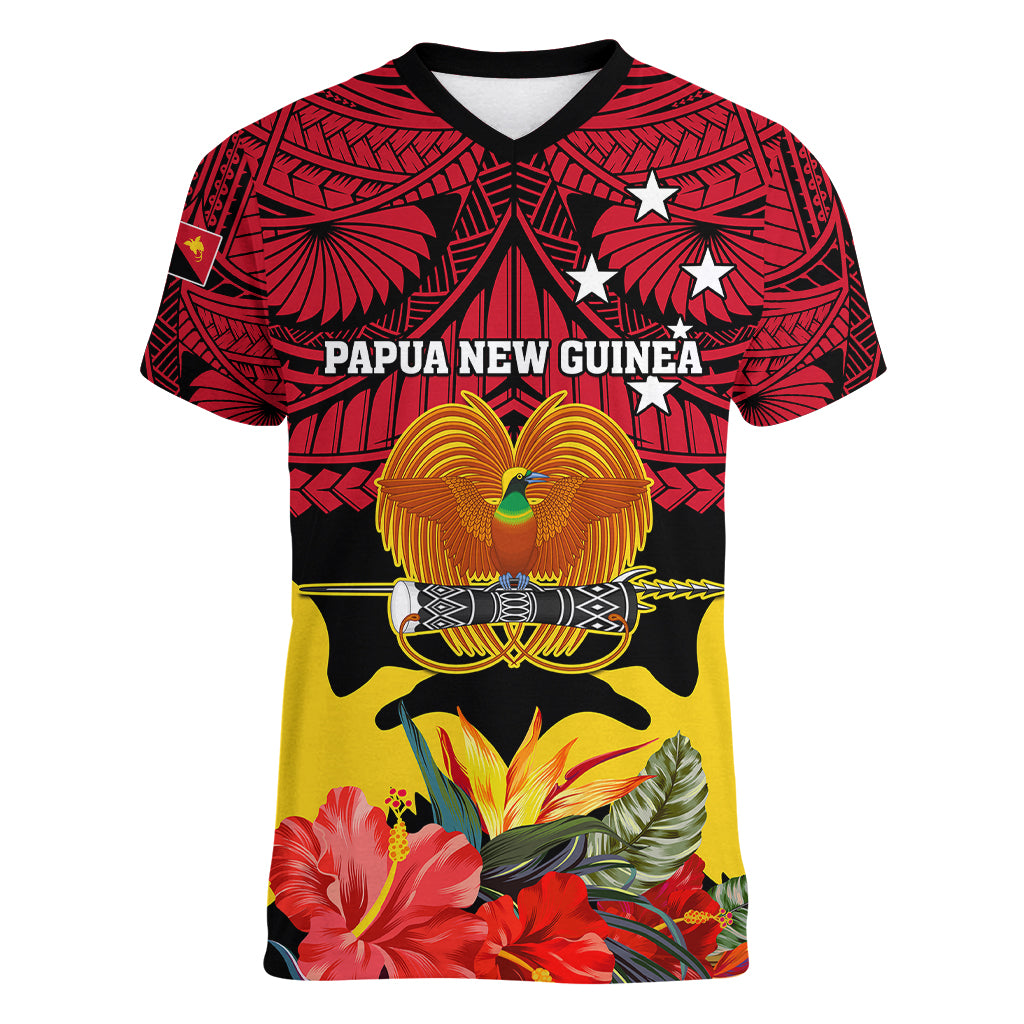 Papua New Guinea Women V Neck T Shirt Bird Of Paradise Mix Polynesian Pattern LT01 Female Red - Polynesian Pride