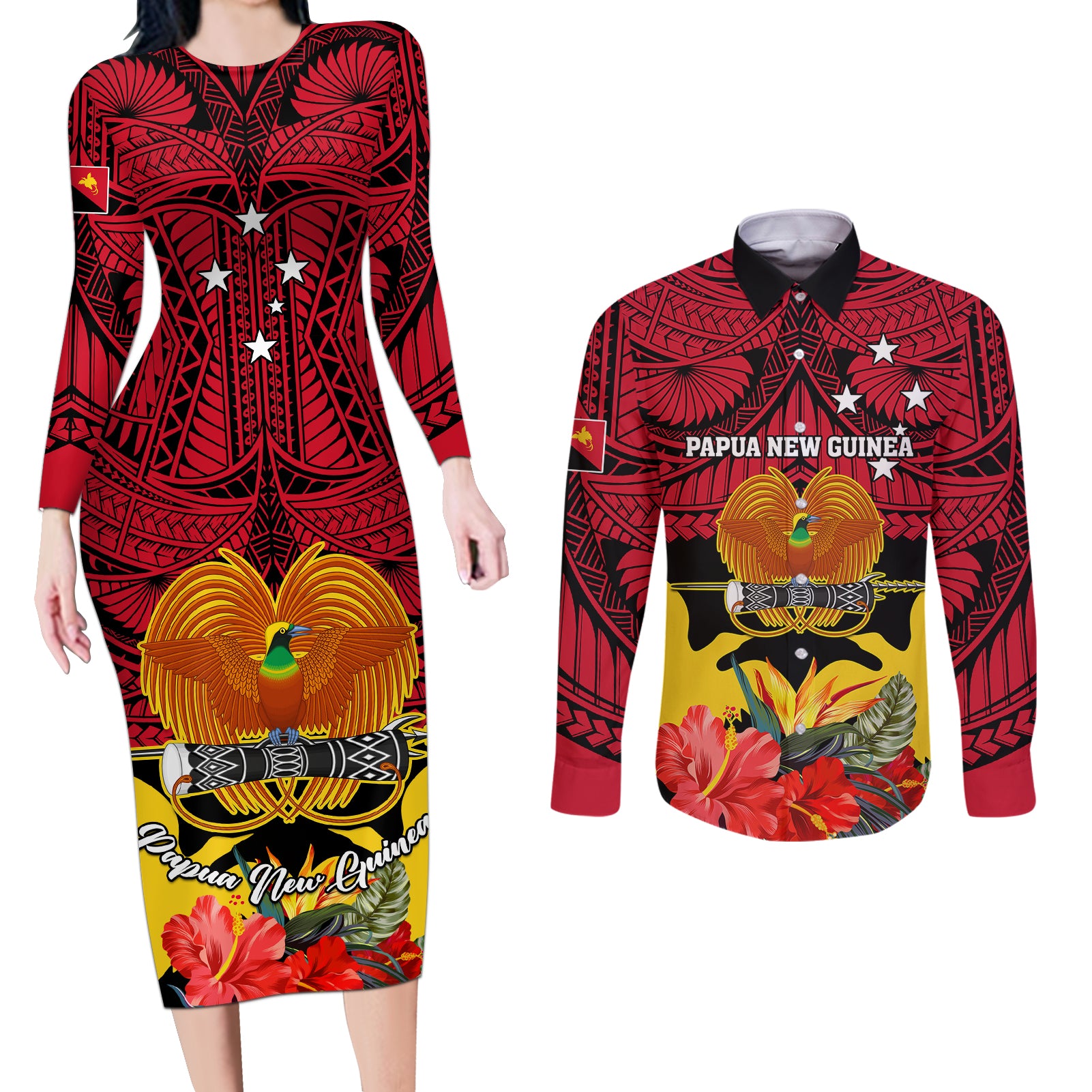 Personalised Papua New Guinea Couples Matching Long Sleeve Bodycon Dress and Long Sleeve Button Shirts Bird Of Paradise Mix Polynesian Pattern LT01 Red - Polynesian Pride