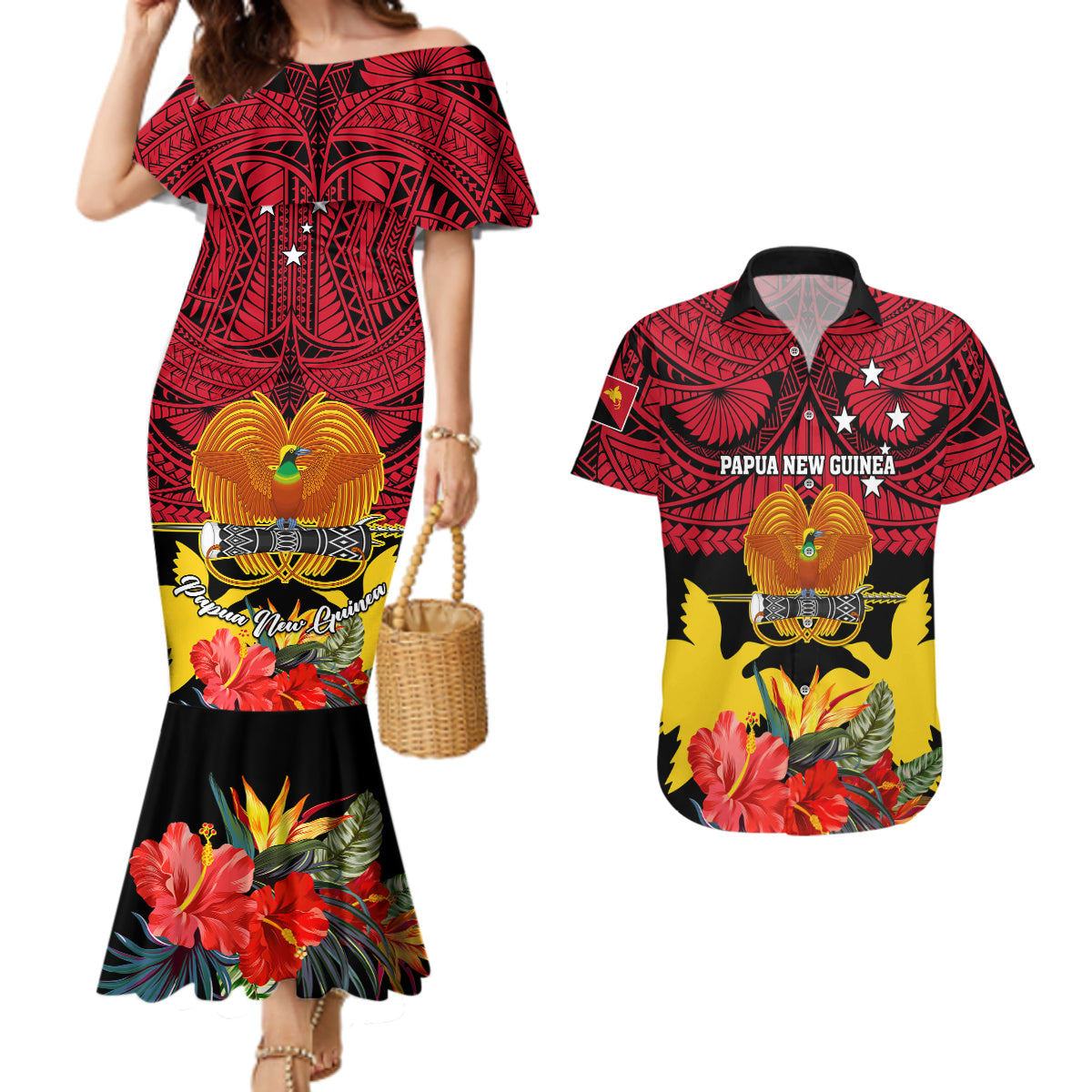 Personalised Papua New Guinea Couples Matching Mermaid Dress and Hawaiian Shirt Bird Of Paradise Mix Polynesian Pattern LT01 Red - Polynesian Pride