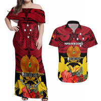 Personalised Papua New Guinea Couples Matching Off Shoulder Maxi Dress and Hawaiian Shirt Bird Of Paradise Mix Polynesian Pattern LT01 Red - Polynesian Pride