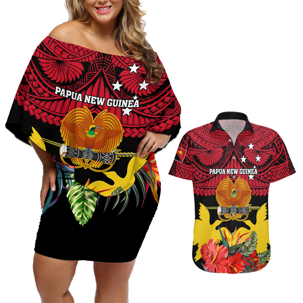 Personalised Papua New Guinea Couples Matching Off Shoulder Short Dress and Hawaiian Shirt Bird Of Paradise Mix Polynesian Pattern LT01 Red - Polynesian Pride