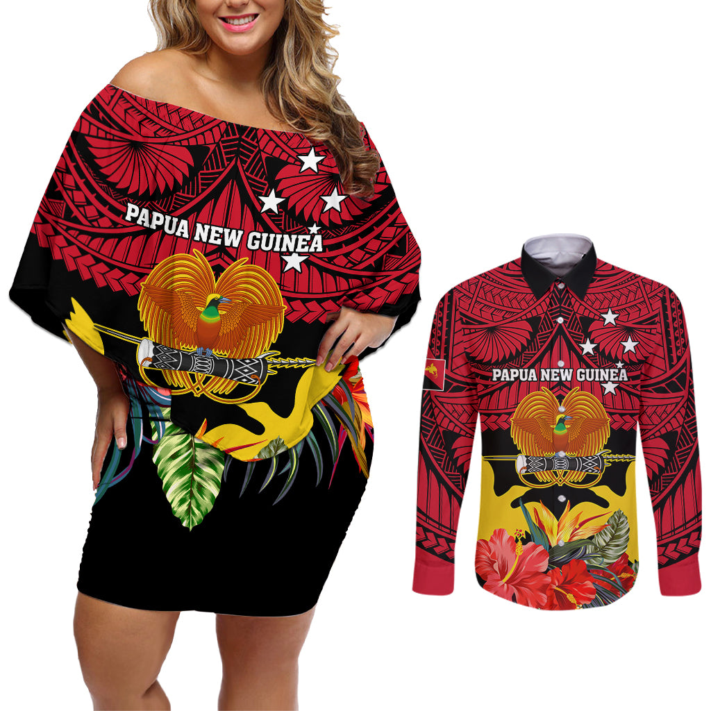 Personalised Papua New Guinea Couples Matching Off Shoulder Short Dress and Long Sleeve Button Shirts Bird Of Paradise Mix Polynesian Pattern LT01 Red - Polynesian Pride