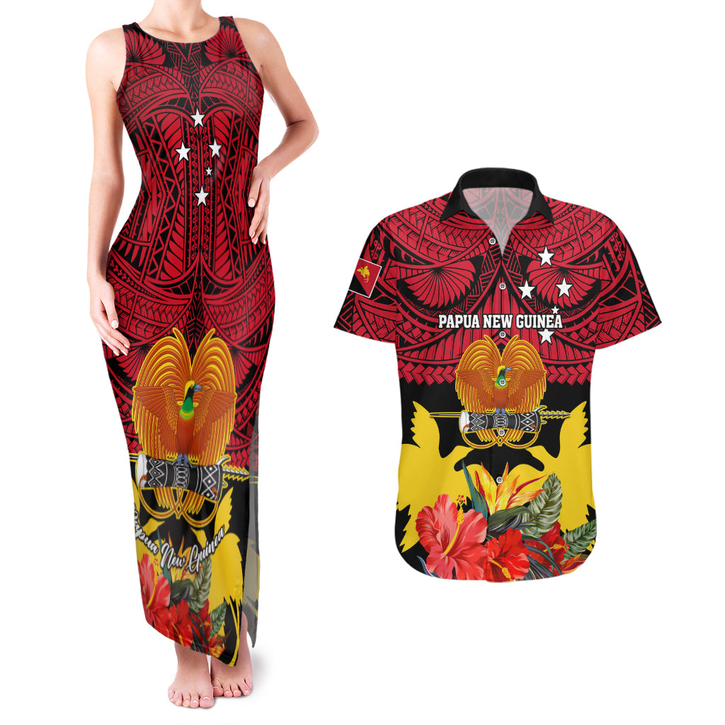 Personalised Papua New Guinea Couples Matching Tank Maxi Dress and Hawaiian Shirt Bird Of Paradise Mix Polynesian Pattern LT01 Red - Polynesian Pride