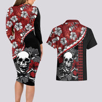 Hawaii Halloween Couples Matching Long Sleeve Bodycon Dress and Hawaiian Shirt Hibiscus Skull Kakau Pattern LT01 - Polynesian Pride