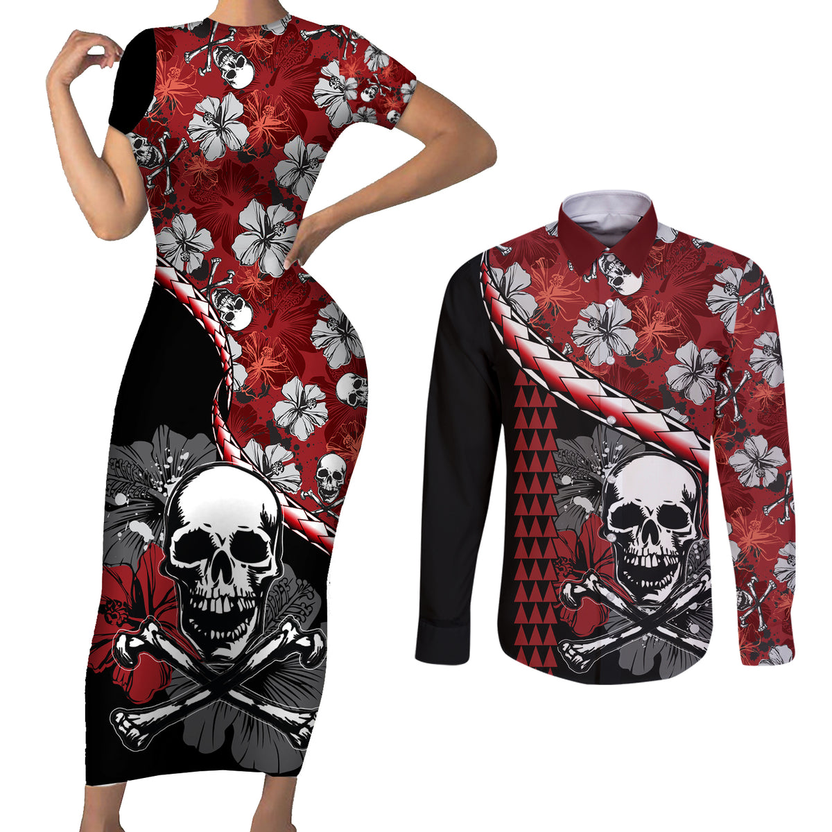 Hawaii Halloween Couples Matching Short Sleeve Bodycon Dress and Long Sleeve Button Shirts Hibiscus Skull Kakau Pattern LT01 Red - Polynesian Pride