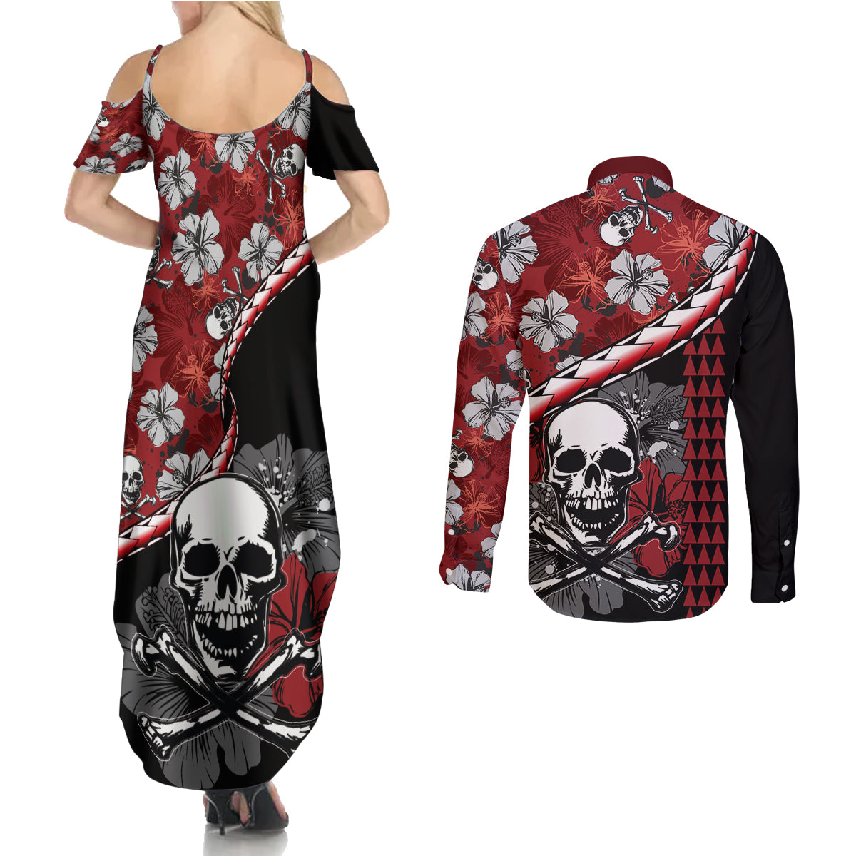 Hawaii Halloween Couples Matching Summer Maxi Dress and Long Sleeve Button Shirts Hibiscus Skull Kakau Pattern LT01 - Polynesian Pride