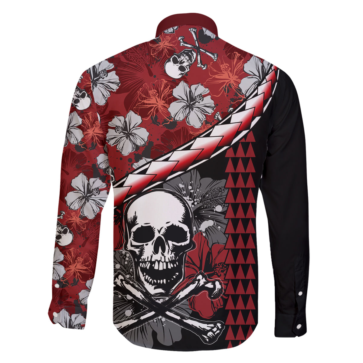 Hawaii Halloween Family Matching Long Sleeve Bodycon Dress and Hawaiian Shirt Hibiscus Skull Kakau Pattern LT01 - Polynesian Pride