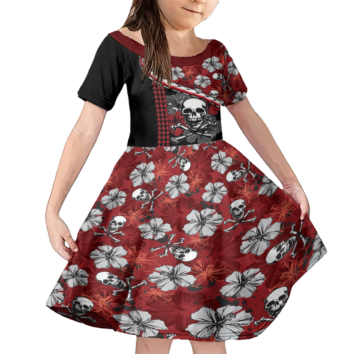 Hawaii Halloween Kid Short Sleeve Dress Hibiscus Skull Kakau Pattern LT01 KID Red - Polynesian Pride