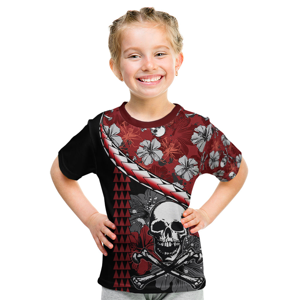 Hawaii Halloween Kid T Shirt Hibiscus Skull Kakau Pattern LT01 Red - Polynesian Pride