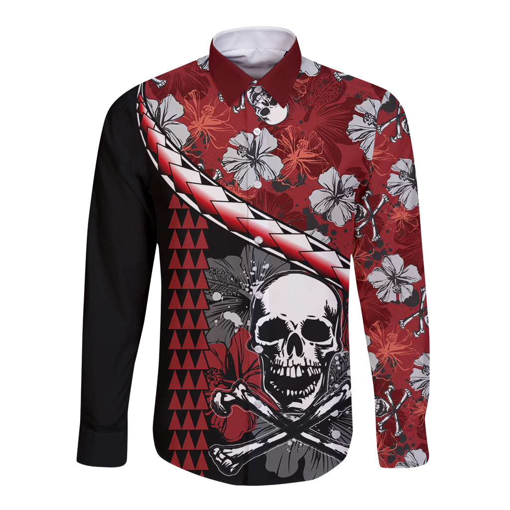 Hawaii Halloween Long Sleeve Button Shirt Hibiscus Skull Kakau Pattern LT01 Unisex Red - Polynesian Pride
