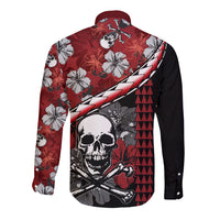 Hawaii Halloween Long Sleeve Button Shirt Hibiscus Skull Kakau Pattern LT01 - Polynesian Pride