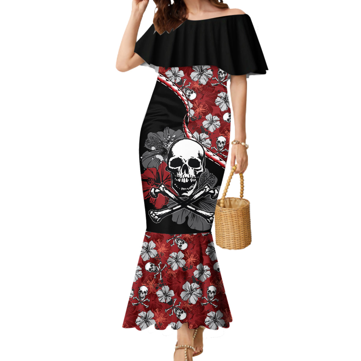 Hawaii Halloween Mermaid Dress Hibiscus Skull Kakau Pattern LT01 Women Red - Polynesian Pride