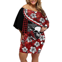 Hawaii Halloween Off Shoulder Short Dress Hibiscus Skull Kakau Pattern LT01 Women Red - Polynesian Pride