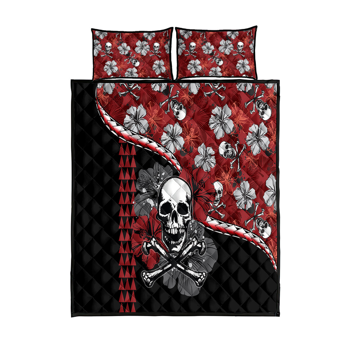Hawaii Halloween Quilt Bed Set Hibiscus Skull Kakau Pattern LT01 Red - Polynesian Pride