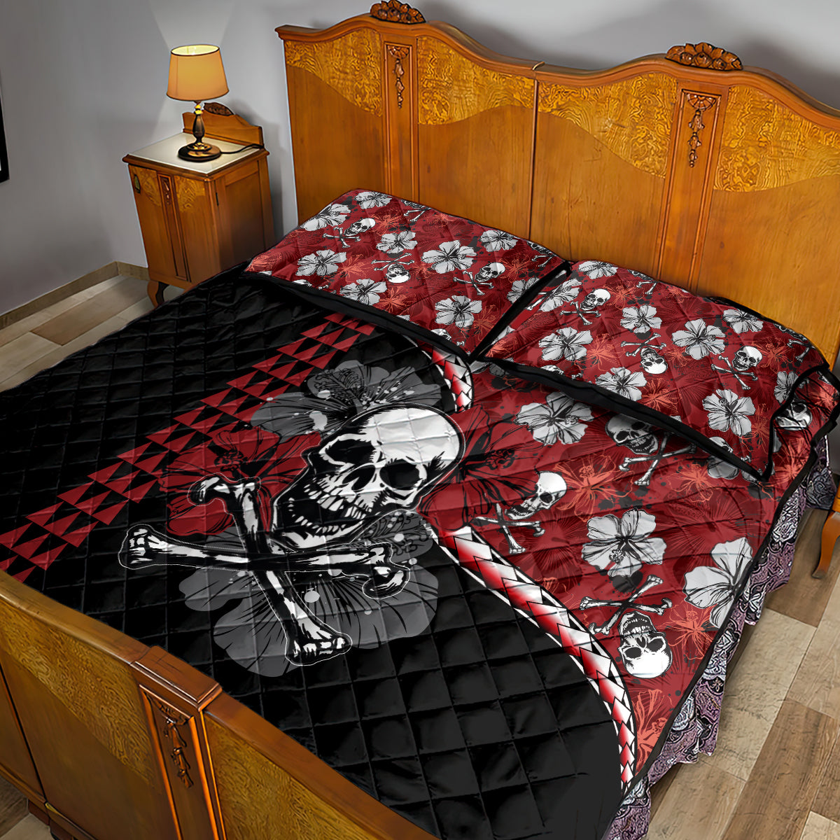 Hawaii Halloween Quilt Bed Set Hibiscus Skull Kakau Pattern LT01 - Polynesian Pride