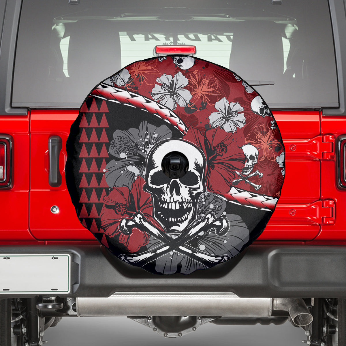 Hawaii Halloween Spare Tire Cover Hibiscus Skull Kakau Pattern LT01 - Polynesian Pride