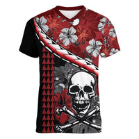 Hawaii Halloween Women V Neck T Shirt Hibiscus Skull Kakau Pattern LT01 Female Red - Polynesian Pride