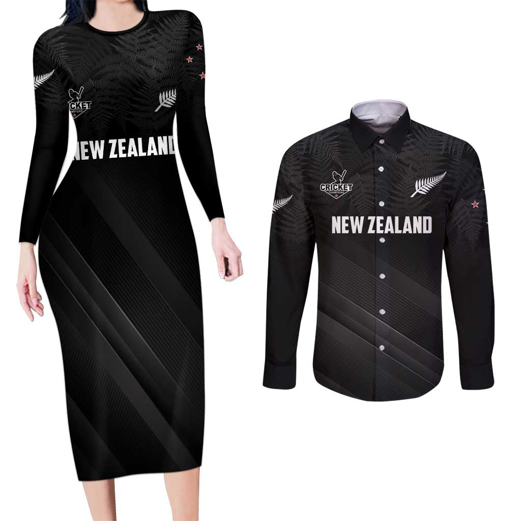 Custom New Zealand Cricket Couples Matching Long Sleeve Bodycon Dress and Long Sleeve Button Shirt Aotearoa Black Cap Come On LT01 Black - Polynesian Pride