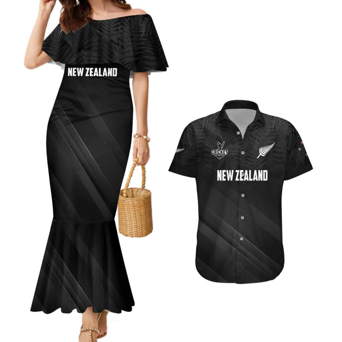 Custom New Zealand Cricket Couples Matching Mermaid Dress and Hawaiian Shirt Aotearoa Black Cap Come On LT01 Black - Polynesian Pride