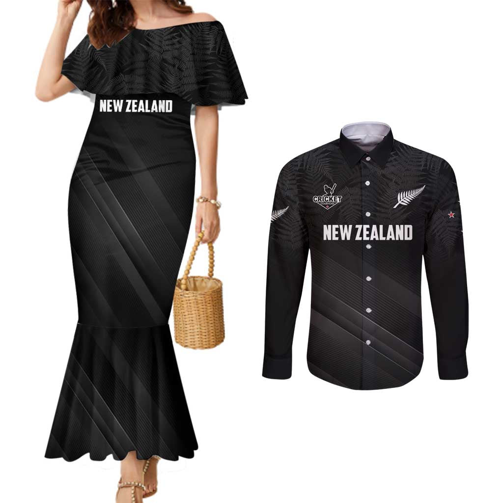 Custom New Zealand Cricket Couples Matching Mermaid Dress and Long Sleeve Button Shirt Aotearoa Black Cap Come On LT01 Black - Polynesian Pride