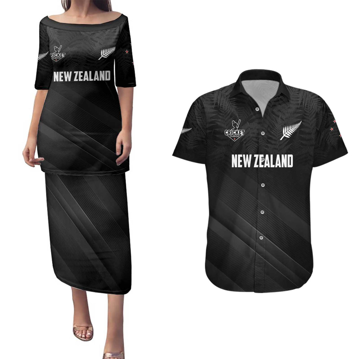 Custom New Zealand Cricket Couples Matching Puletasi and Hawaiian Shirt Aotearoa Black Cap Come On LT01 Black - Polynesian Pride