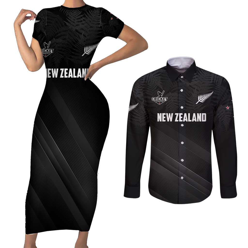 Custom New Zealand Cricket Couples Matching Short Sleeve Bodycon Dress and Long Sleeve Button Shirt Aotearoa Black Cap Come On LT01 Black - Polynesian Pride