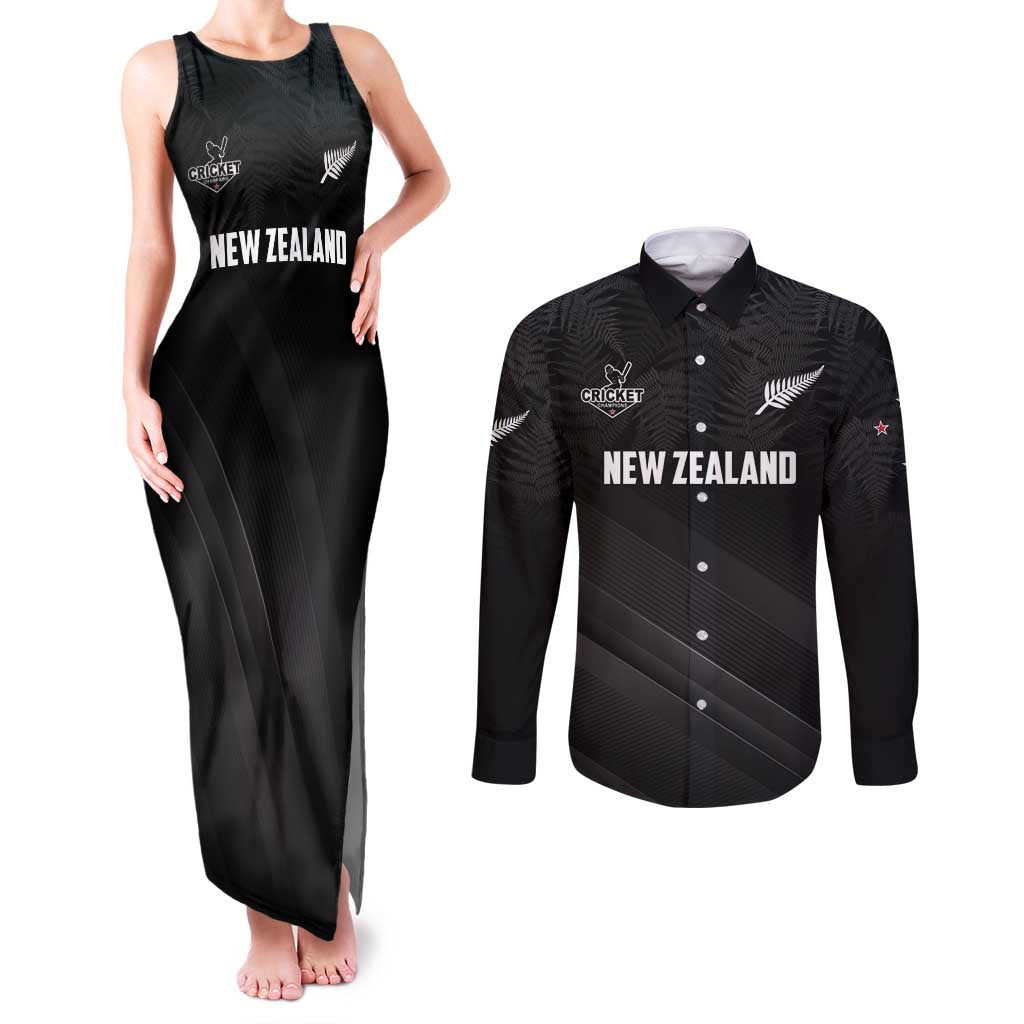 Custom New Zealand Cricket Couples Matching Tank Maxi Dress and Long Sleeve Button Shirt Aotearoa Black Cap Come On LT01 Black - Polynesian Pride
