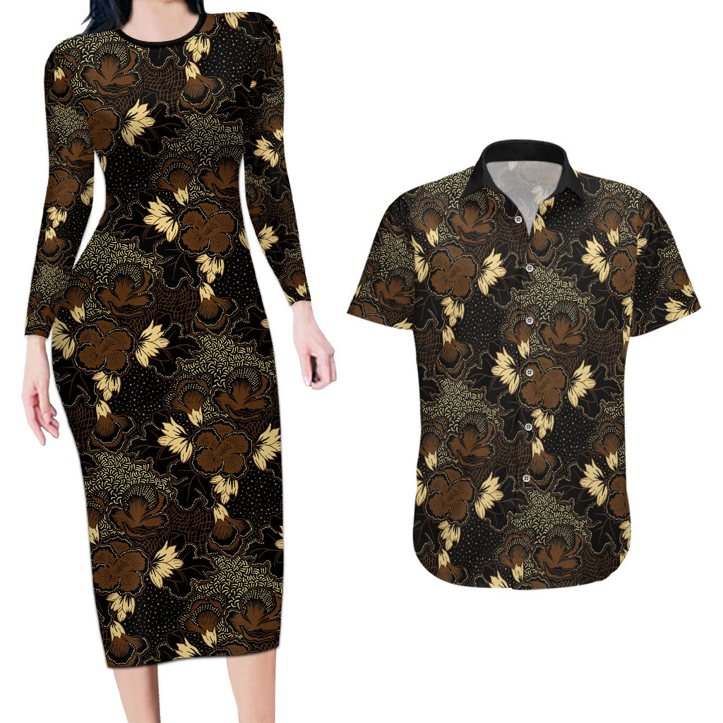 Javanese Batik Semen Couples Matching Long Sleeve Bodycon Dress and Hawaiian Shirt Indonesian Traditional Pattern LT01 Black - Polynesian Pride