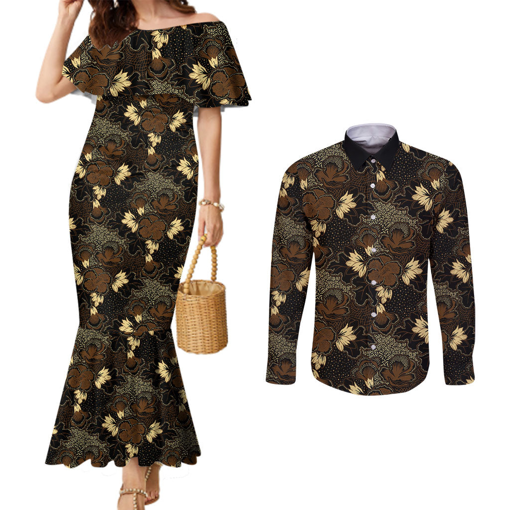 Javanese Batik Semen Couples Matching Mermaid Dress and Long Sleeve Button Shirt Indonesian Traditional Pattern LT01 Black - Polynesian Pride