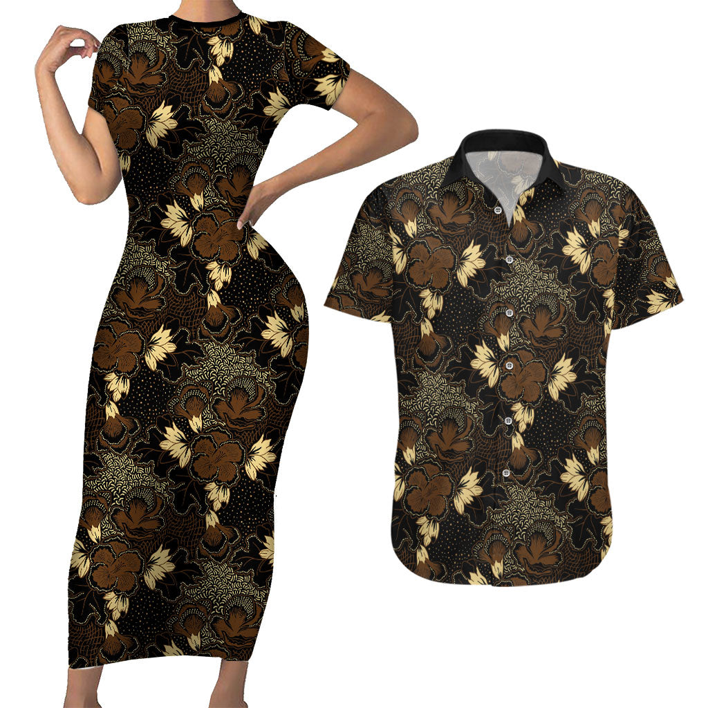 Javanese Batik Semen Couples Matching Short Sleeve Bodycon Dress and Hawaiian Shirt Indonesian Traditional Pattern