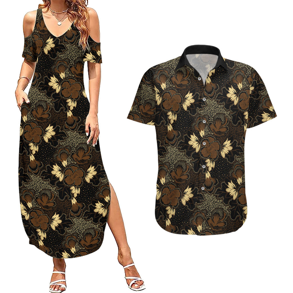 Javanese Batik Semen Couples Matching Summer Maxi Dress and Hawaiian Shirt Indonesian Traditional Pattern LT01 Black - Polynesian Pride