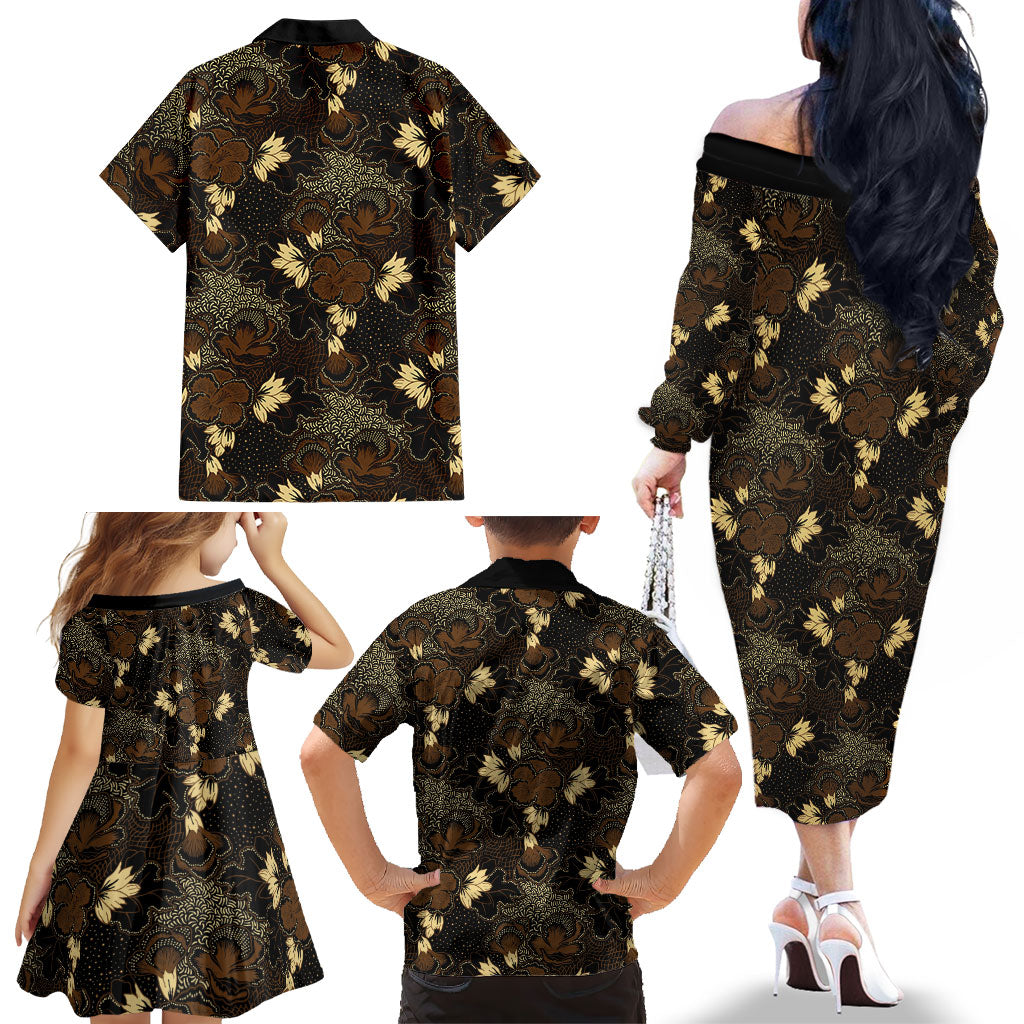 Javanese Batik Semen Family Matching Off The Shoulder Long Sleeve Dress and Hawaiian Shirt Indonesian Traditional Pattern LT01 - Polynesian Pride