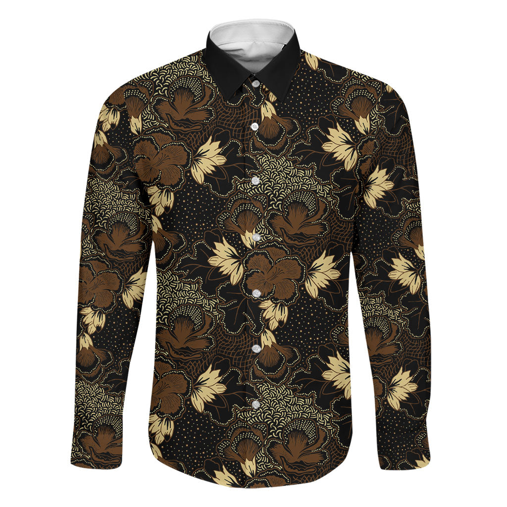 Javanese Batik Semen Family Matching Off The Shoulder Long Sleeve Dress and Hawaiian Shirt Indonesian Traditional Pattern LT01 Dad's Shirt - Long Sleeve Black - Polynesian Pride