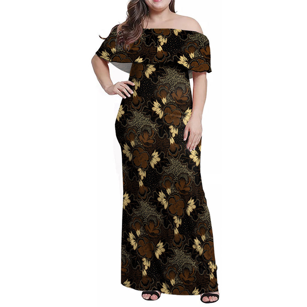 Javanese Batik Semen Family Matching Off Shoulder Maxi Dress and Hawaiian Shirt Indonesian Traditional Pattern LT01 Mom's Dress Black - Polynesian Pride