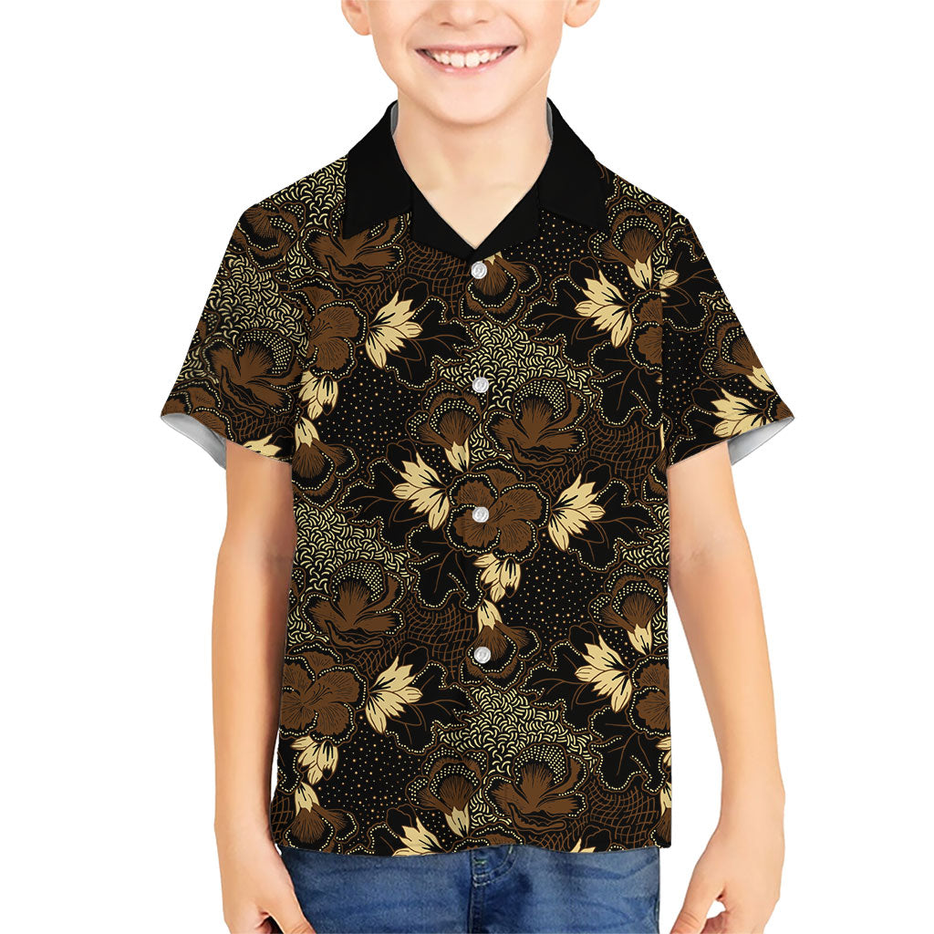 Javanese Batik Semen Family Matching Off Shoulder Short Dress and Hawaiian Shirt Indonesian Traditional Pattern LT01 Son's Shirt Black - Polynesian Pride