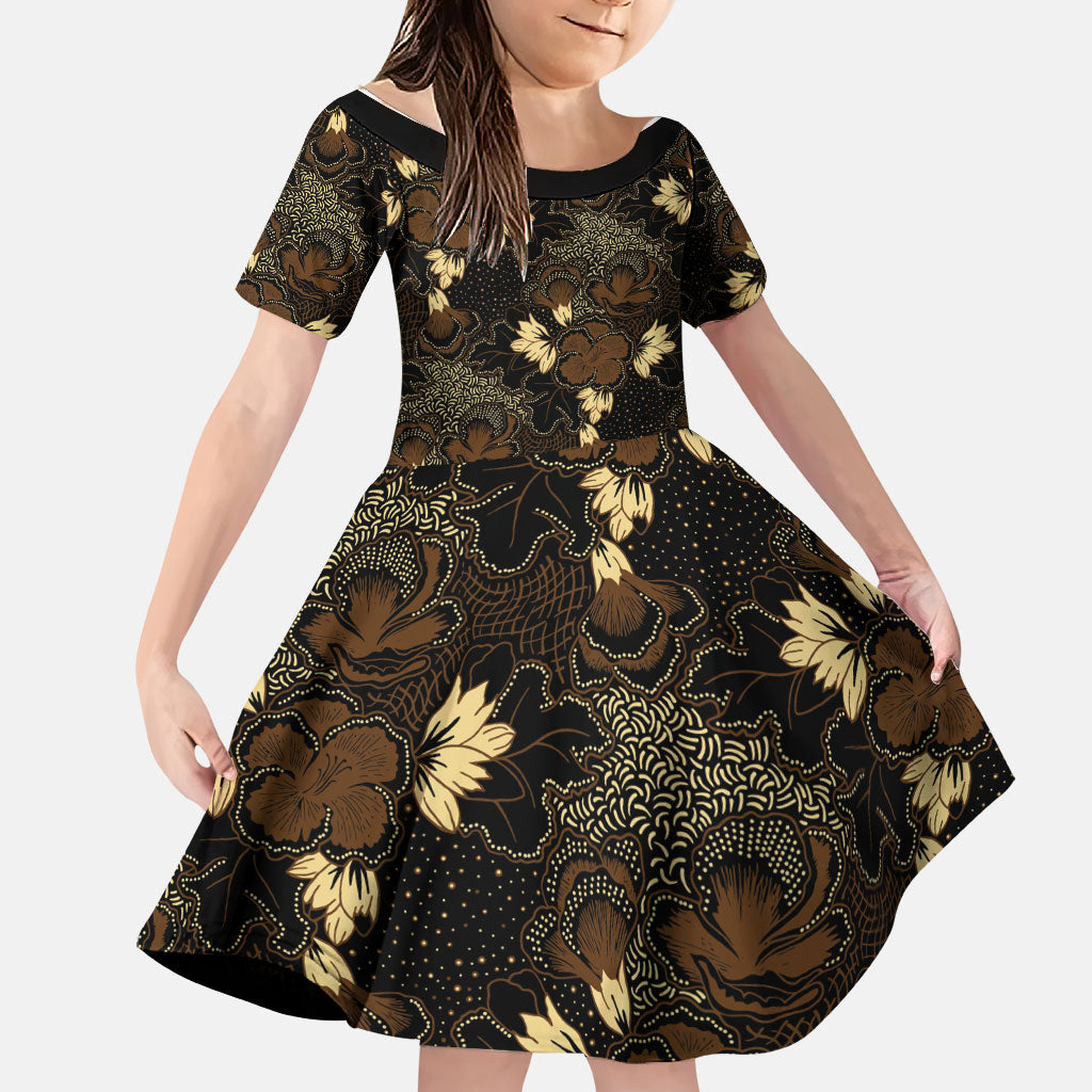 Javanese Batik Semen Family Matching Short Sleeve Bodycon Dress and Hawaiian Shirt Indonesian Traditional Pattern LT01 Daughter's Dress Black - Polynesian Pride
