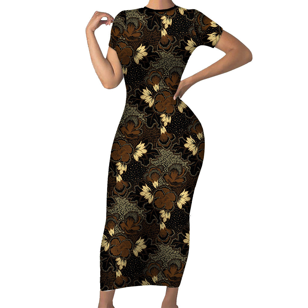 Javanese Batik Semen Short Sleeve Bodycon Dress Indonesian Traditional Pattern LT01 Long Dress Black - Polynesian Pride
